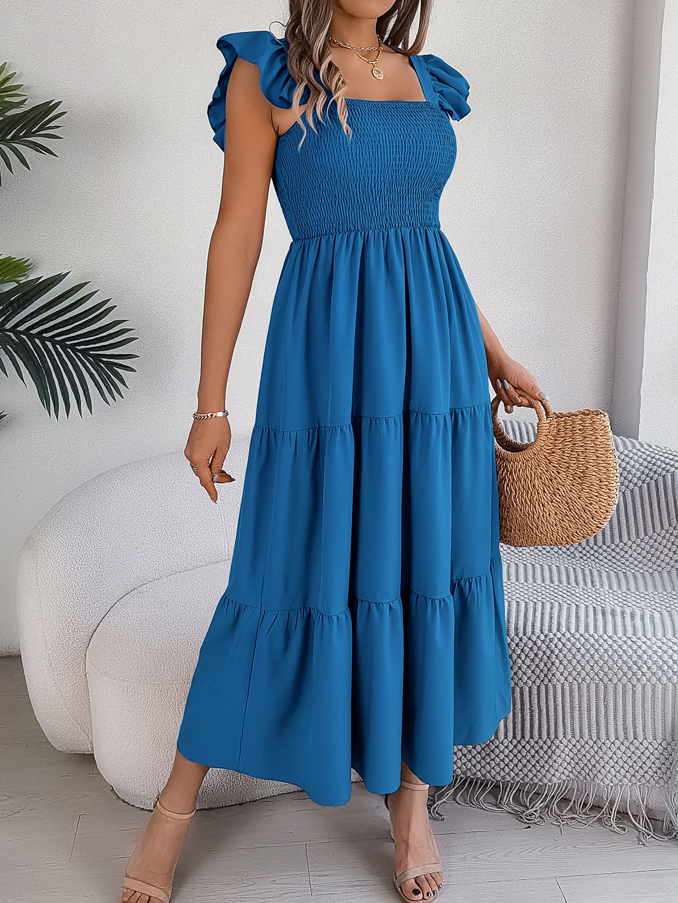 Solid-color square neck cinched waist A-line long dress