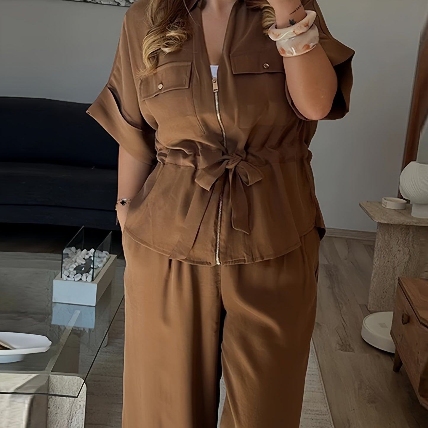 Lapel Lace-Up Short-Sleeved Shirt and Casual Pants Set