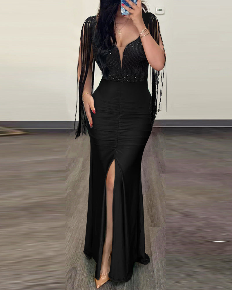 Elegant Sequin Tassel Sleeve Bodycon Dress