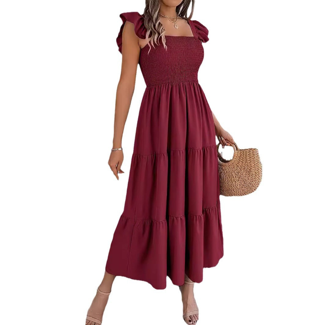 Solid-color square neck cinched waist A-line long dress