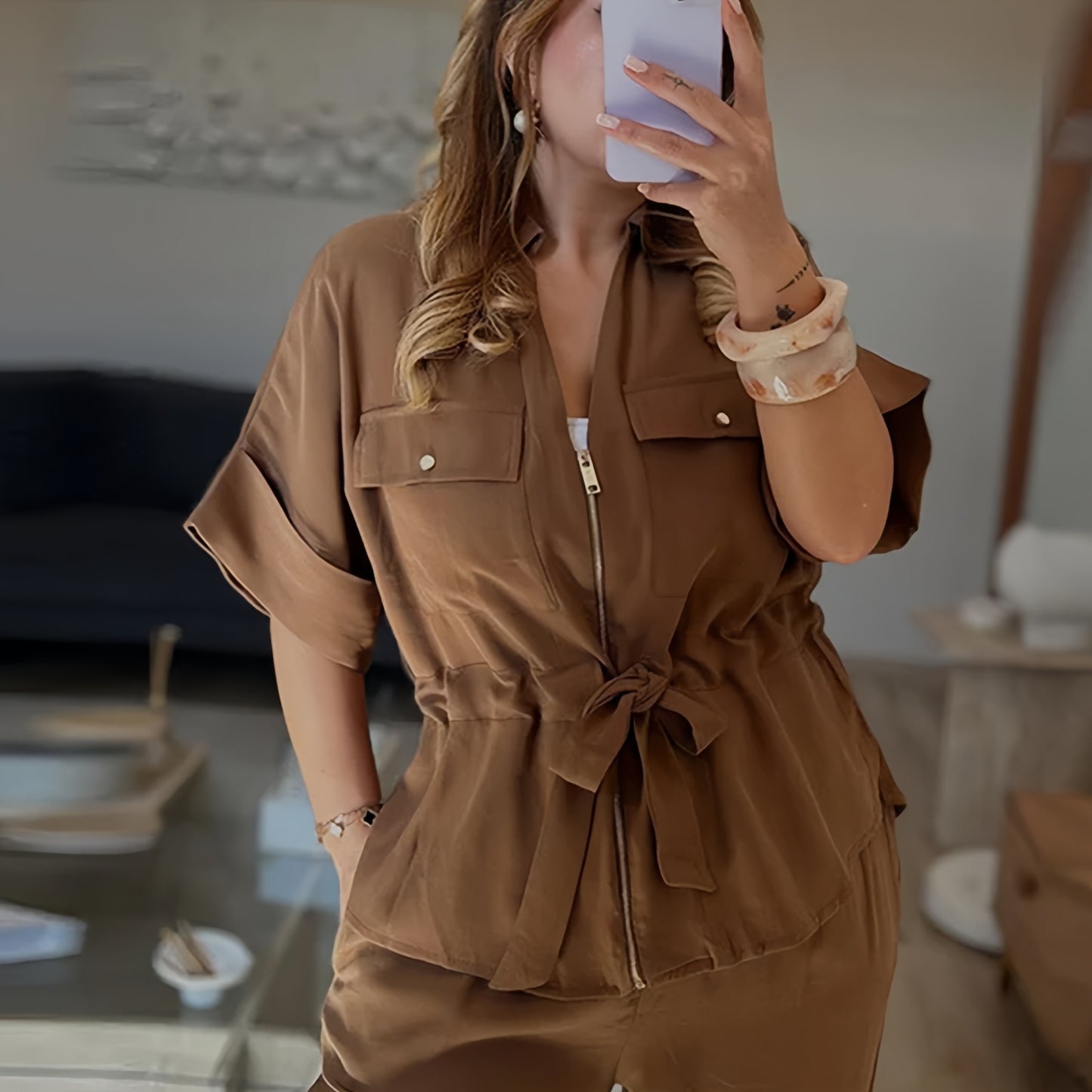 Lapel Lace-Up Short-Sleeved Shirt and Casual Pants Set