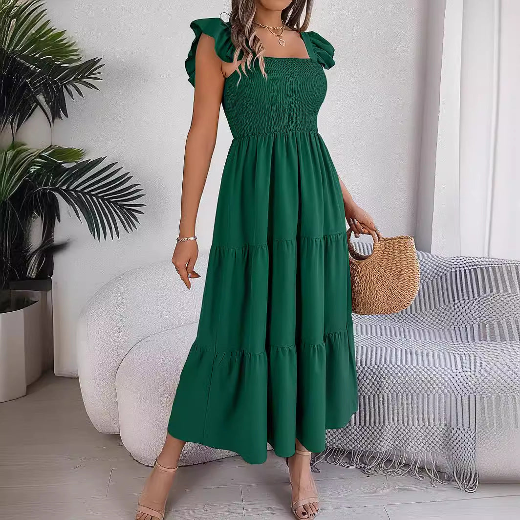 Solid-color square neck cinched waist A-line long dress