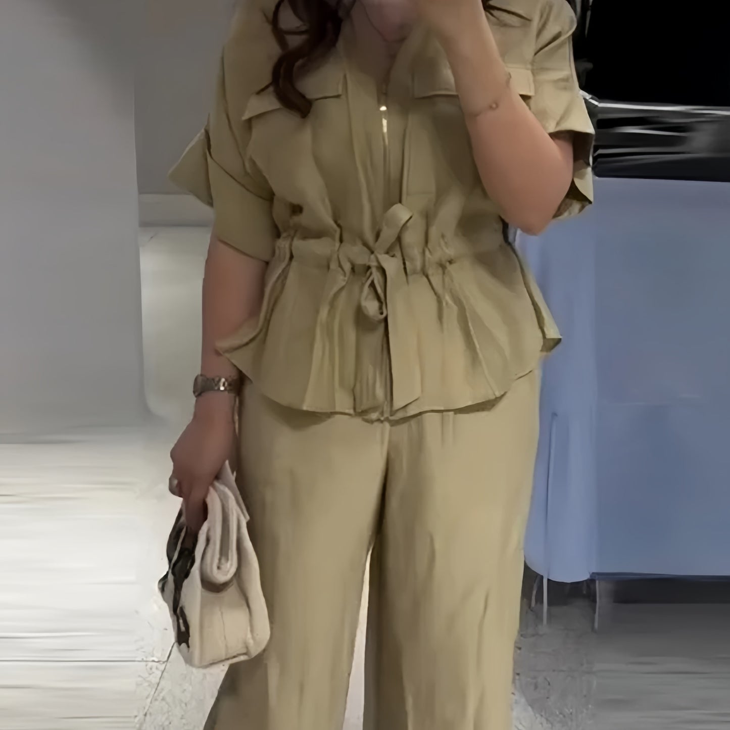 Lapel Lace-Up Short-Sleeved Shirt and Casual Pants Set