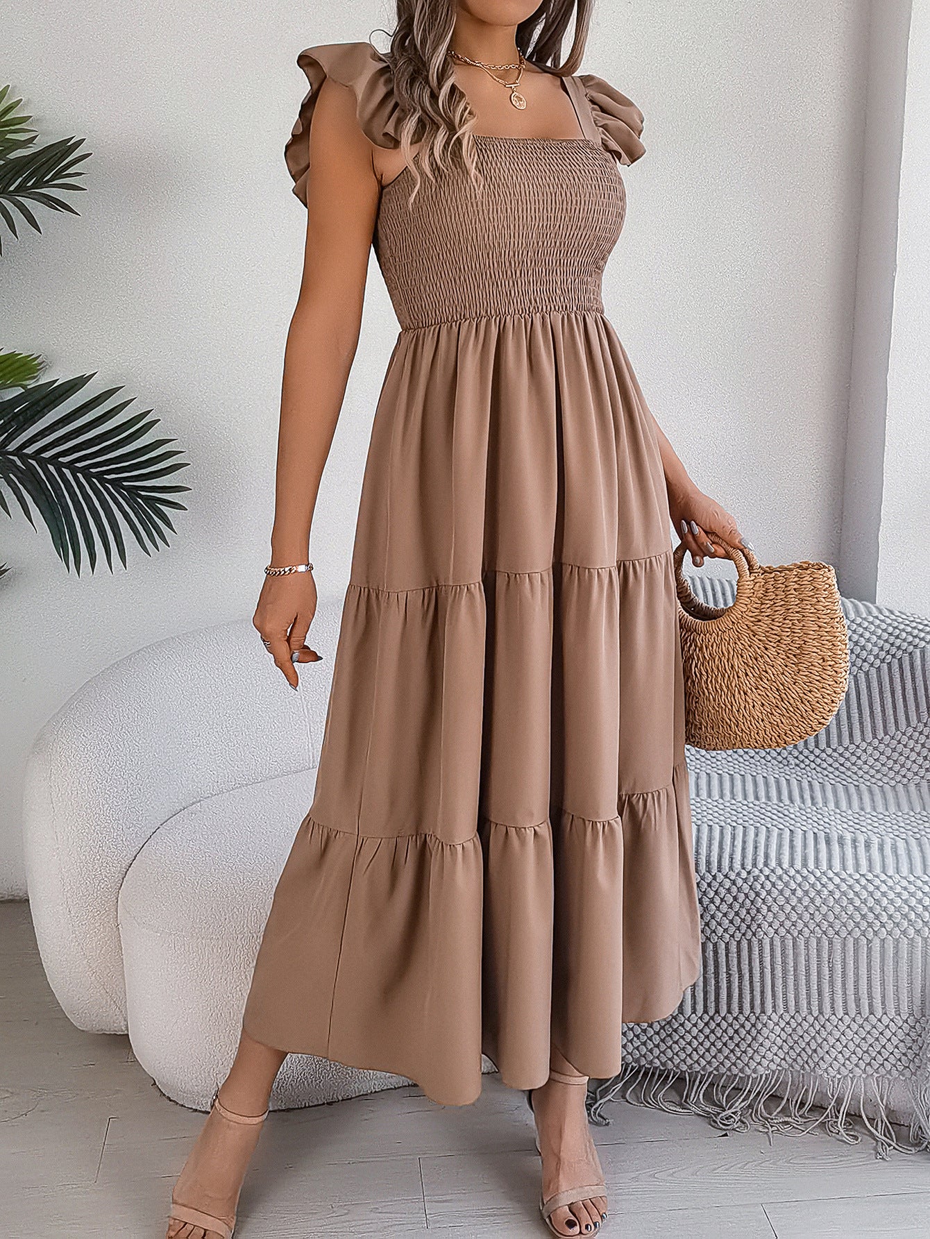 Solid-color square neck cinched waist A-line long dress