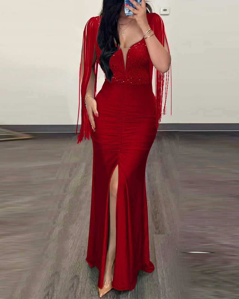 Elegant Sequin Tassel Sleeve Bodycon Dress