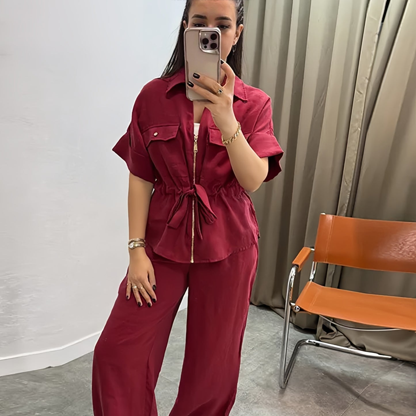 Lapel Lace-Up Short-Sleeved Shirt and Casual Pants Set