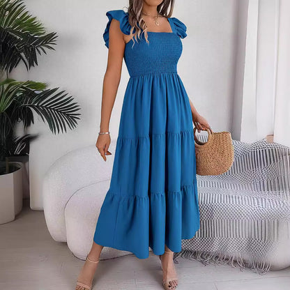 Solid-color square neck cinched waist A-line long dress