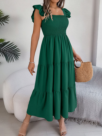 Solid-color square neck cinched waist A-line long dress