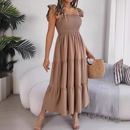 Solid-color square neck cinched waist A-line long dress