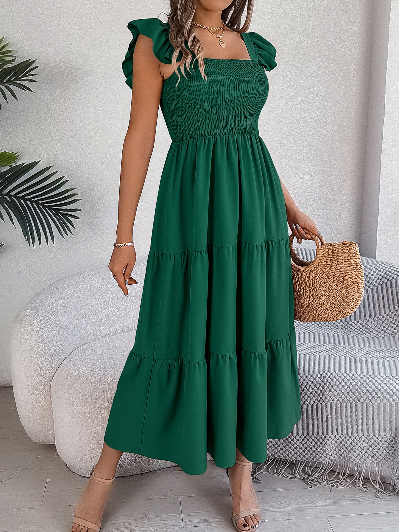 Solid-color square neck cinched waist A-line long dress