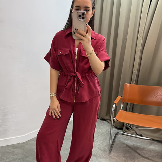Lapel Lace-Up Short-Sleeved Shirt and Casual Pants Set