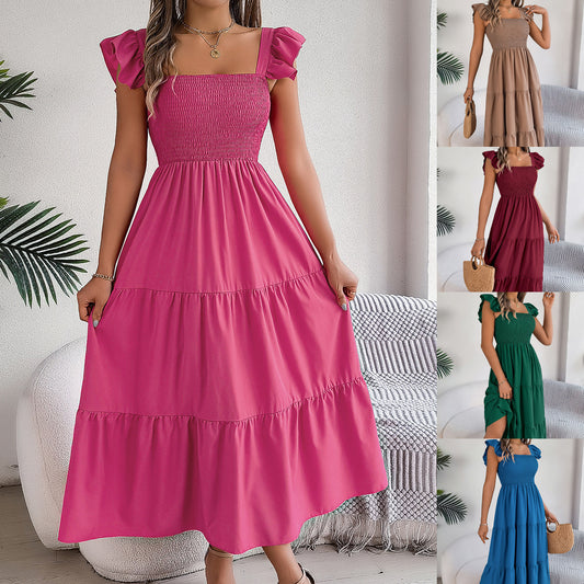 Solid-color square neck cinched waist A-line long dress