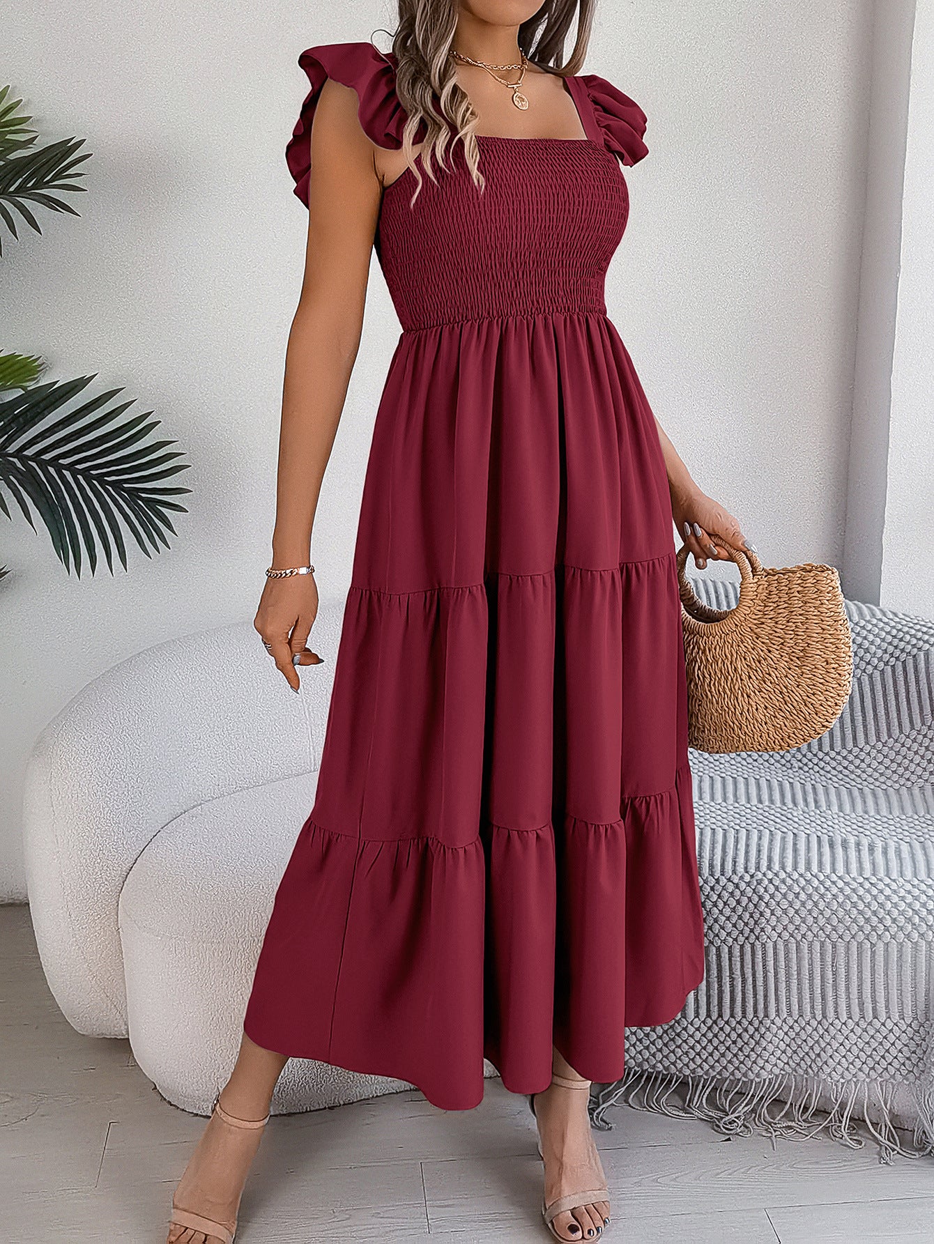 Solid-color square neck cinched waist A-line long dress