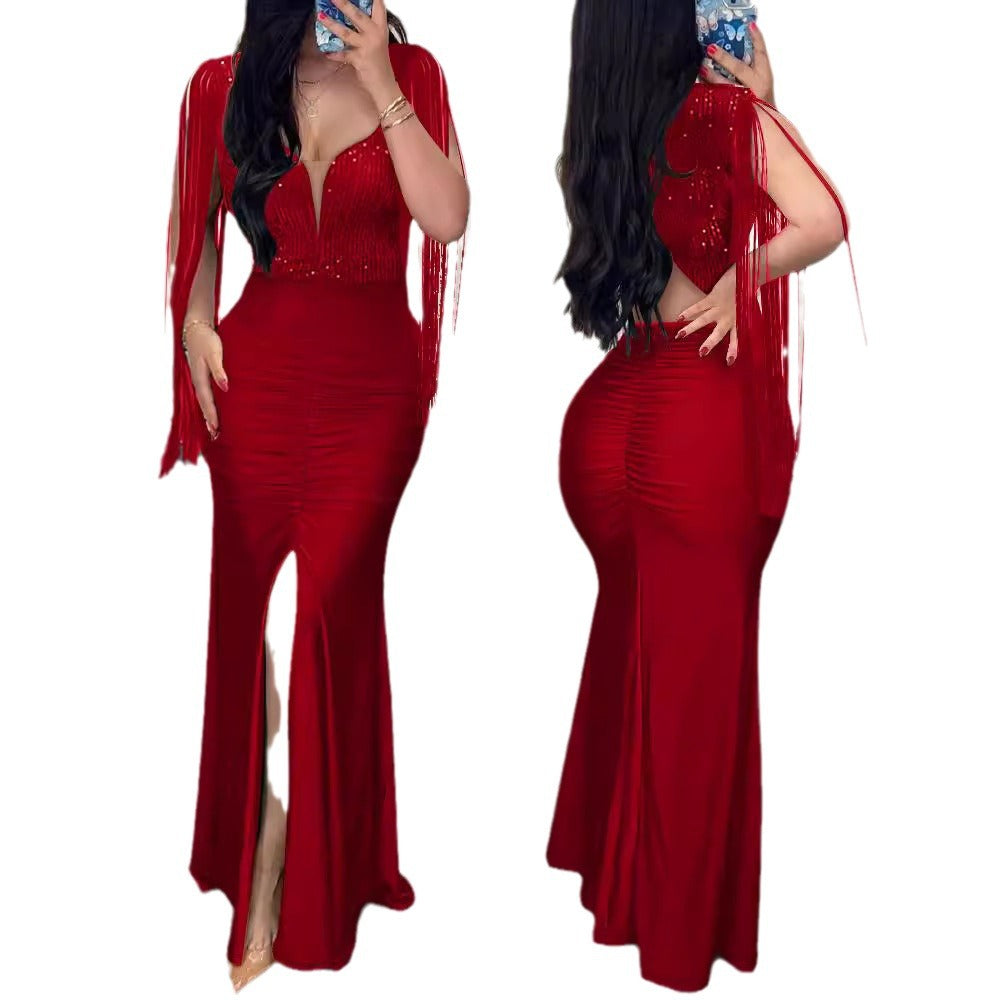 Elegant Sequin Tassel Sleeve Bodycon Dress