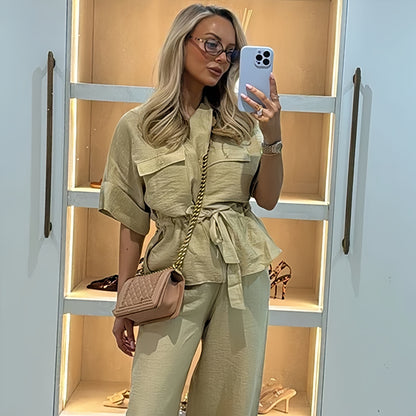 Lapel Lace-Up Short-Sleeved Shirt and Casual Pants Set